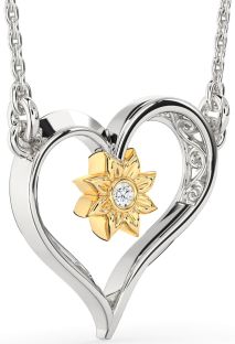 Diamond Platinum & Yellow Gold Heart Sun Necklace