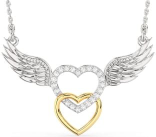 Large Diamond Platinum & Yellow Gold Heart Wings Necklace