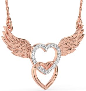 Large Diamond Rose Gold Heart Wings Necklace