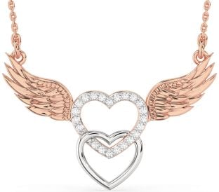 Large Diamond Platinum & Rose Gold Heart Wings Necklace