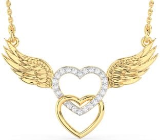 Large Diamond Gold Heart Wings Necklace