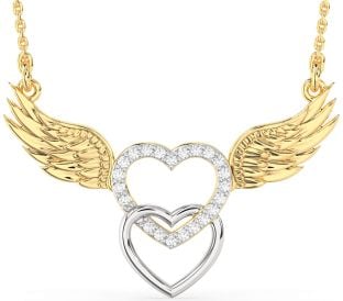 Large Diamond Platinum & Yellow Gold Heart Wings Necklace