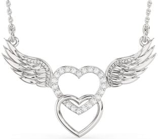 Large Diamond Platinum Heart Wings Necklace