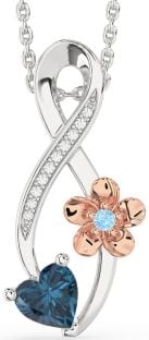 Diamond London Blue Topaz & Aquamarine Platinum & Rose Gold Infinity Heart Flower Necklace