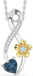 Diamond London Blue Topaz & Aquamarine Platinum & Yellow Gold Infinity Heart Flower Necklace
