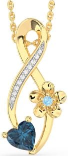 Diamond London Blue Topaz & Aquamarine Gold Infinity Heart Flower Necklace