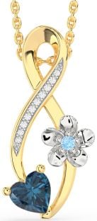 Diamond London Blue Topaz & Aquamarine Platinum & Yellow Gold Infinity Heart Flower Necklace