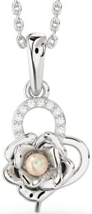 Diamond Platinum Pearl Heart Flower Necklace