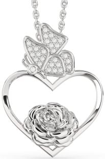 Diamond Platinum Heart Flower Butterfly Necklace