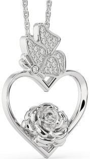 Diamond Platinum Heart Flower Butterfly Necklace