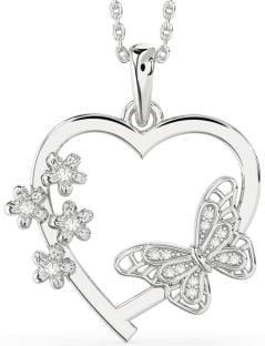 Large Diamond Platinum Heart Flower Butterfly Necklace
