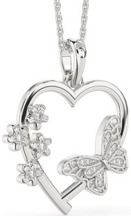Large Diamond Platinum Heart Flower Butterfly Necklace