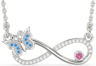 Large Diamond Swiss Blue Topaz & Pink Sapphire Platinum Infinity Butterfly Necklace