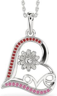 Ruby & Pink Sapphire Platinum Heart Flower Necklace