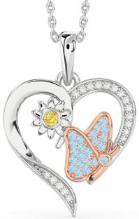 Yellow Diamond & Aquamarine Platinum & Rose Gold Heart Butterfly Flower Necklace