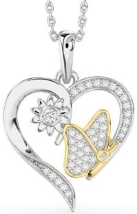 Diamond Platinum & Yellow Gold Heart Butterfly Flower Necklace