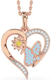 Yellow Diamond & Aquamarine Rose Gold Heart Butterfly Flower Necklace
