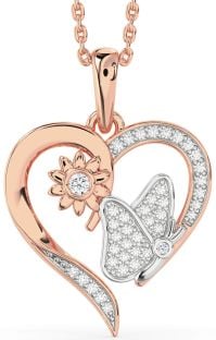 Diamond Platinum & Rose Gold Heart Butterfly Flower Necklace