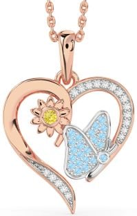 Yellow Diamond & Aquamarine Platinum & Rose Gold Heart Butterfly Flower Necklace