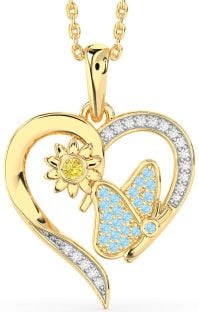 Yellow Diamond & Aquamarine Gold Heart Butterfly Flower Necklace