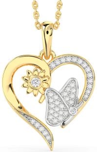 Diamond Platinum & Yellow Gold Heart Butterfly Flower Necklace