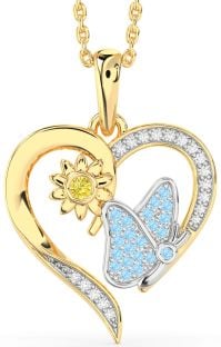 Yellow Diamond & Aquamarine Platinum & Yellow Gold Heart Butterfly Flower Necklace