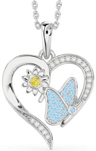 Yellow Diamond & Aquamarine Platinum Heart Butterfly Flower Necklace