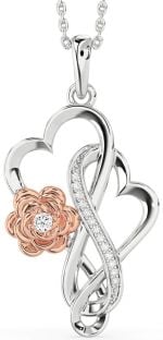 Large Diamond Platinum & Rose Gold Heart Infinity Flower Necklace