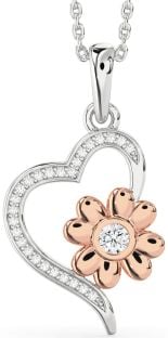 Diamond Platinum & Rose Gold Heart Flower Necklace