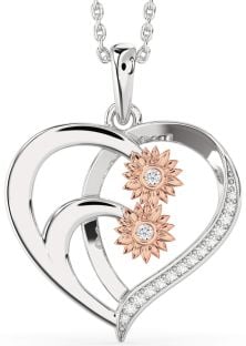 Diamond Platinum & Rose Gold Heart Sunflower Necklace