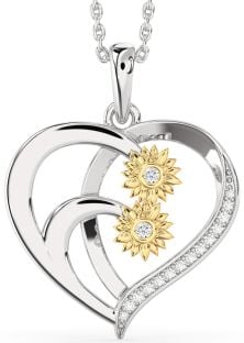 Diamond Platinum & Yellow Gold Heart Sunflower Necklace