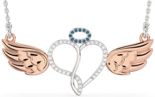 Large Blue Diamond Platinum & Rose Gold Heart Angel Necklace
