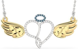 Large Blue Diamond Platinum & Yellow Gold Heart Angel Necklace