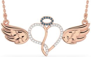 Large Blue Diamond Rose Gold Heart Angel Necklace