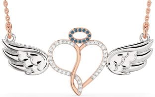 Large Blue Diamond Platinum & Rose Gold Heart Angel Necklace