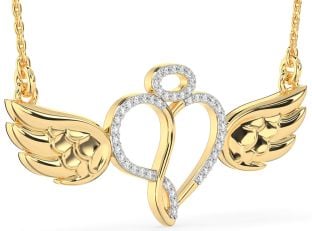 Large Diamond Gold Heart Angel Necklace