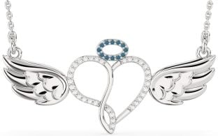 Large Blue Diamond Platinum Heart Angel Necklace