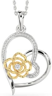 Diamond Platinum & Yellow Gold Heart Flower Necklace