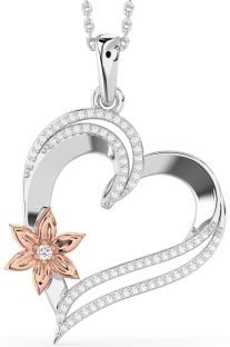 Large Diamond Platinum & Rose Gold Heart Flower Necklace