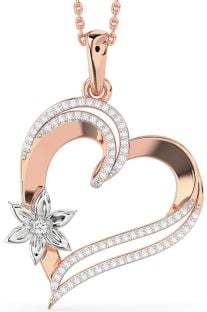 Large Diamond Platinum & Rose Gold Heart Flower Necklace