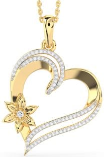 Large Diamond Gold Heart Flower Necklace