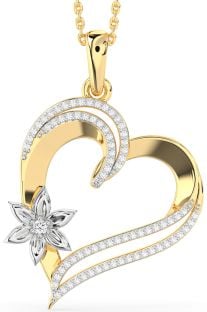 Large Diamond Platinum & Yellow Gold Heart Flower Necklace
