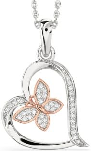 Diamond Platinum & Rose Gold Heart Butterfly Necklace