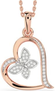 Diamond Platinum & Rose Gold Heart Butterfly Necklace