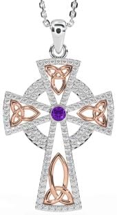 Diamond Amethyst Rose Gold Silver Celtic Cross Trinity Knot Necklace