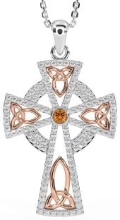 Diamond Citrine Rose Gold Silver Celtic Cross Trinity Knot Necklace