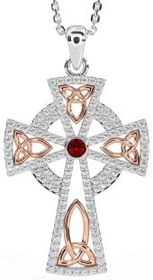 Diamond Garnet Rose Gold Silver Celtic Cross Trinity Knot Necklace