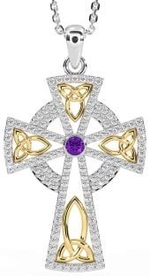 Diamond Amethyst Gold Silver Celtic Cross Trinity Knot Necklace