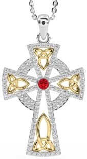 Diamond Ruby Gold Silver Celtic Cross Trinity Knot Necklace