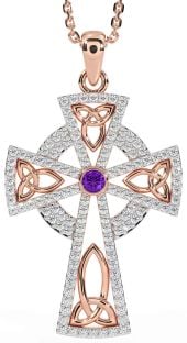 Diamond Amethyst Rose Gold Silver Celtic Cross Trinity Knot Necklace